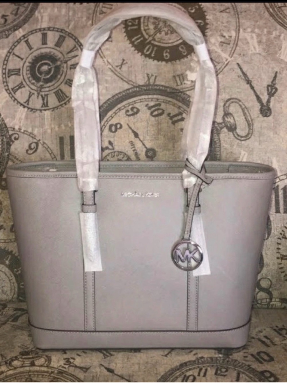 Michael Kors JET SET TRAVEL LARGE Ash Gray Leather Shoulder/ Tote Bag NWOT!
